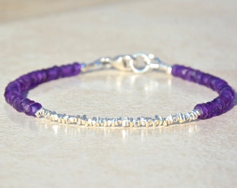 Amethyst Bracelet, Amethyst Birthstone Bracelet, February Birthstone, Silver Gemstone Bracelet, Beaded Friendship Bracelet, Christmas Gift