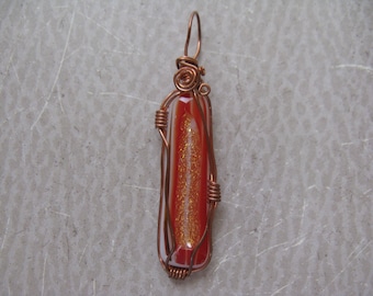 Copper Wire Wrapped Art Glass, Glass Art Copper Rust Pendant, Fused Glass Dichroic Jewelry, Rust Glass Copper Wrapped Pendant