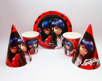 Miraculous Ladybug paper tableware. Ladybug Paper plates, cups, party hats for children's party, birthday or holiday. Lady Bug party.