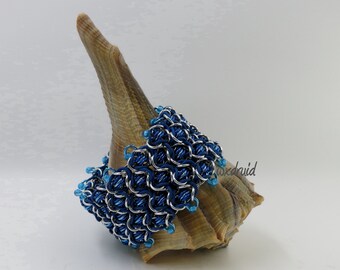 Statement Chainmail Bracelet, Blue and Silver Cuff Chainmaille Bracelet