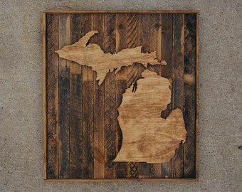 handcrafted reclaimed wood state of michigan sign