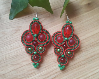 Red and green long soutache earrings
