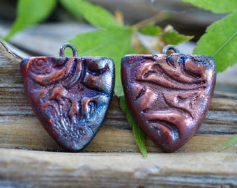 Tooled Leather- Handmade Porcelain Raku Bead Pair