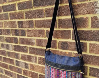 Messenger bag in multi shades of woven cotton and denim fabric,adjustable cotton webbing straps ,cross body bag medium size-Fair trade