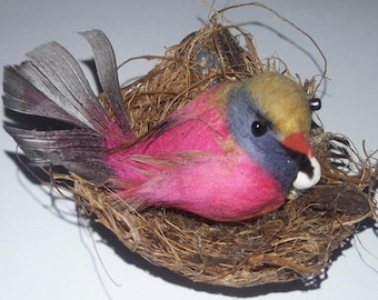 miniature handmade bird in nest and eggs ( 1 piece)