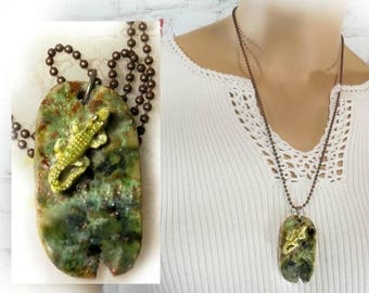 Alligator necklace - dog tag necklace - alligator jewelry - one of a kind necklace- focal necklace -2 sided necklace - # 27