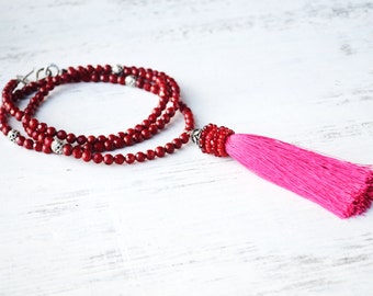 Red Tassel Necklace, Long Red Necklace, Long Tassel Necklace, Beaded Tassel Necklace, Bohemian Jewelry, Layering Necklace, Red necklace