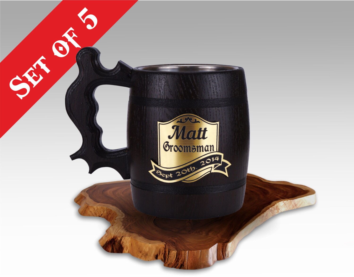 Groomsmen Gift Wooden Beer Mugs Set of 5 Personalized