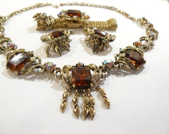 Beautiful Vintage Topaz Glass & AB Rhinestone Victorian Revival Necklace, Bracelet and Earrings