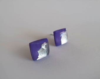Purple & Silver Square Stud Earrings - Gift for Her - Hypoallergenic Titanium Posts