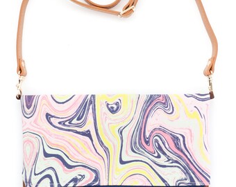 Boho Tassel Clutch in Marble Print and Tan Vegan Leather and Gold zipper close