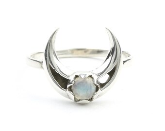Moonstone Moon Ring, Sterling Silver Crescent Moon Moonstone Ring, Stone Jewelry, Gemstone, Crystals, Boho, Gypsy, Minimal