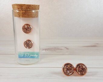 Rose Gold Druzy Earrings, Rose Gold Druzy Stud Earrings, Rose Gold Stud Earrings, Rose Gold Faux Druzy Earrings, 10mm Rose Gold Druzy Stud