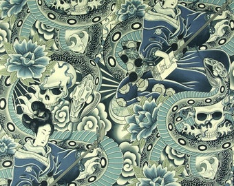 Japanese fabric. Zen Charmer Indigo. Tattoo. Skull. Snake. Geisha. Cotton poplin. Kimono. Alexander Henry. Blue
