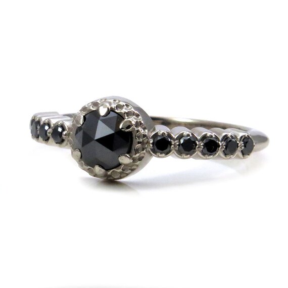 Modern Victorian Black Diamond Enagement Ring - 14k Palladium White Gold Alternative Wedding Ring