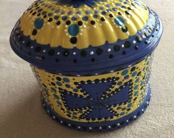 Whimsical Blue & Yellow Ceramic Box with Lid