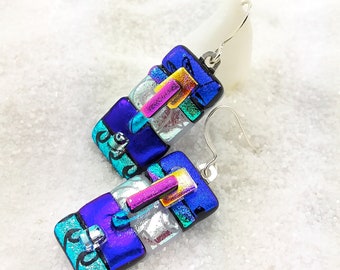 Dichroic glass earrings, fused glass earrings, glass earrings, dichroic jewelry, rainbow jewelry, blue earrings, dichroic glass,glass fusion