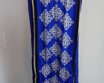 Vintage silk scarf; blue with black and white detail