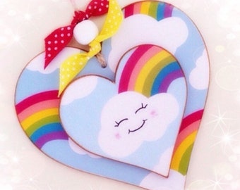 Smiley Rainbow Cloud, Wooden Hanging Heart...