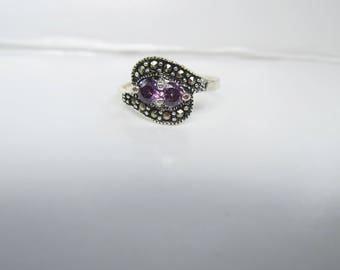 Sterling Silver and Amethyst Ring with Marcasites- Size 6 1/2 1853D