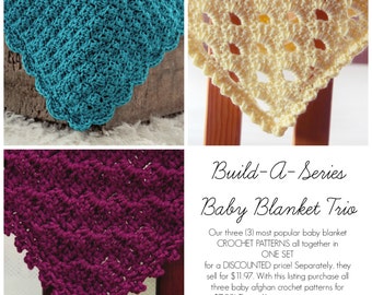 SALE CROCHET PATTERNS Baby Blanket Trio 3 in one Afghan Newborn Beginner Build A Series