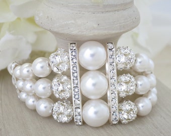 Art Deco bridal bracelet, Swarovski rhinestone and pearl wedding bracelet