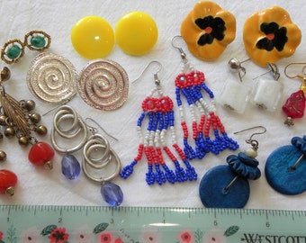 Vintage colorful earring lot, 10 pairs vintage earring lot, beaded earring lot, 80's earrings lot, estate earring lot, post earring lot