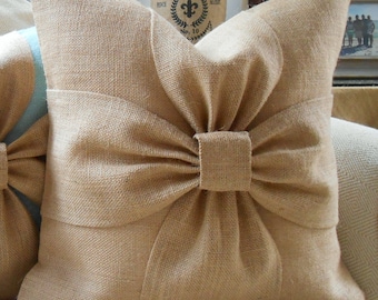 Burlap bow pillow cover in natural burlap 18x18