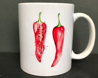China Mug with an Original Watercolour Image of a Red Chilli