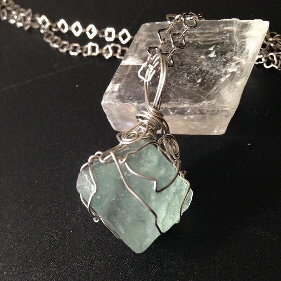 Raw Fluorite Necklace Aqua Green Stone Pendant Raw Stone