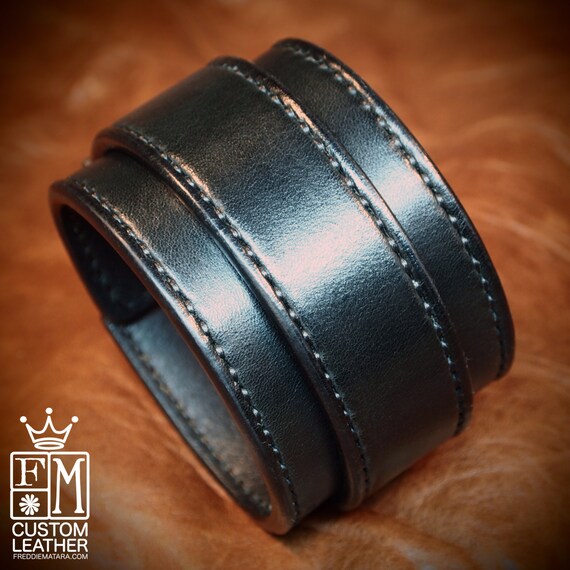 Leather cuff bracelet Black bridle leather Fine handworked wristband Hand stitched and made for you in Brooklyn USA by Freddie Matara