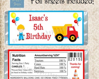 CONSTRUCTION TRACTORS Inspired Candy Bar Wrappers with Foil Sheets Party Favors Custom Personalized