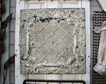 Antique Ceiling Tin Tile, Framed 2'x2' tile, Architectural salvage wall decor, Rustic primitive farmhouse decor.