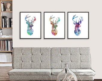 Deer Art Print Watercolor Deer Horn, Animal Art, Deer Watercolor Poster, Hunting Art - Set of 3 prints 141-2/175