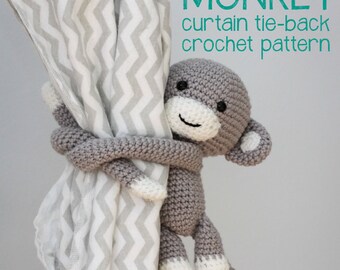 Crochet monkey curtain tie back pattern, left or right side, PDF pattern