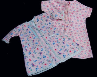 Vintage Flannel Baby Robes Stork Print layette nursery doll clothes pair 1950's bathrobe infant baby doll pretty pink flannel wraps robes