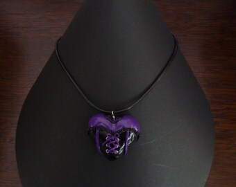 purple laced corset heart polymer clay necklace pendant