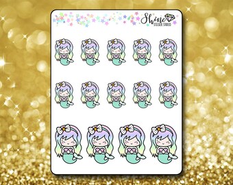 Luna Mermaid Stickers - Planner Stickers Erin Condren Life Planner Cute Emoji Siren Character Girl Stickers Happy Planner