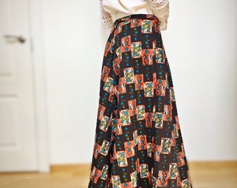 Vintage brown maxi skirt Folk style gathered long hippie boho skirt SIZE M