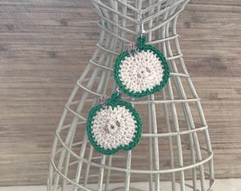 Crochet green apple slice earrings