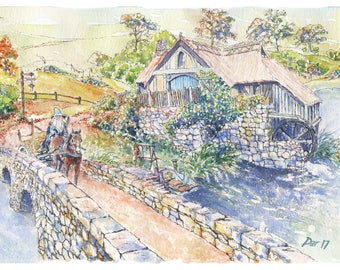 Lord of the rings, the hobbit print, the shire water mill, gandalf painting, green dragon, hobbit hole wall decor, nursery decor drawing