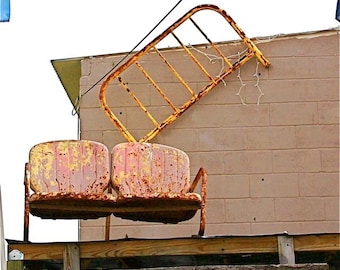 Chairs: Pink beige yellow rust chairs photograph roof top abstract wall lawn chairs building chairs whimsical "CHAIRS in SPACE" humorous