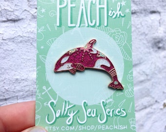 PEACHish Orca Whale hard enamel lapel pin flair. Salty Sea Series