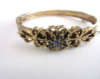 Rhinestone Hinged Bangle Bracelet Engraved Gold Tone Flowers
