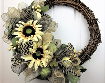 Front Door Fall Wreath, Grapevine Fall Wreath, Sunflower Grapevine Wreath, Outdoor or Indoor Wreath Black /Taupe Deco mesh, Gourds, Pumpkins