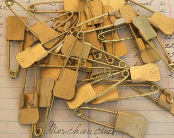 Vintage Brass Laundry pins - Steampunk pendant brass pin - antique numbered safety pins - military numbered laundry pins – brass safety pins