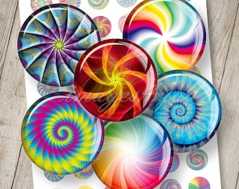 Spirals & Swirls abstract Digital Collage Sheet 1" bottle cap images 1 inch circles 30mm, 25mm 1.25", 1.5" round printable download cabochon