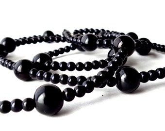 Black Bead Necklace, Glass Pearl Necklace, Black, Long Necklace, Beaded Necklace, Round Bead Necklace, Long Strand Necklace, Black Pearls