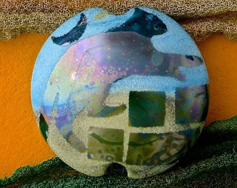 Handmade Lampwork Glass Bead "Evening Wanderer" SRA Sandblasted Focal Bead ~ Iridescent Lustre Cat Bead ~ Meadow Shades