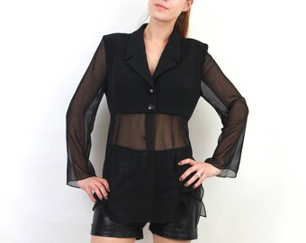 Vintage schwarze Hemd schwarz schiere Hemd / Transparent Shirt / Frau Schwarz Shirt / 90er Jahre Shirt / Langarmshirt / Grunge Hemd / Shirt L